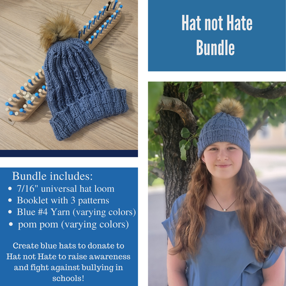 Hat Not Hate Bundle: 5/8 Universal Hat Loom (1x1 Blue +Tan) + Blue Yarn + Pom Pom