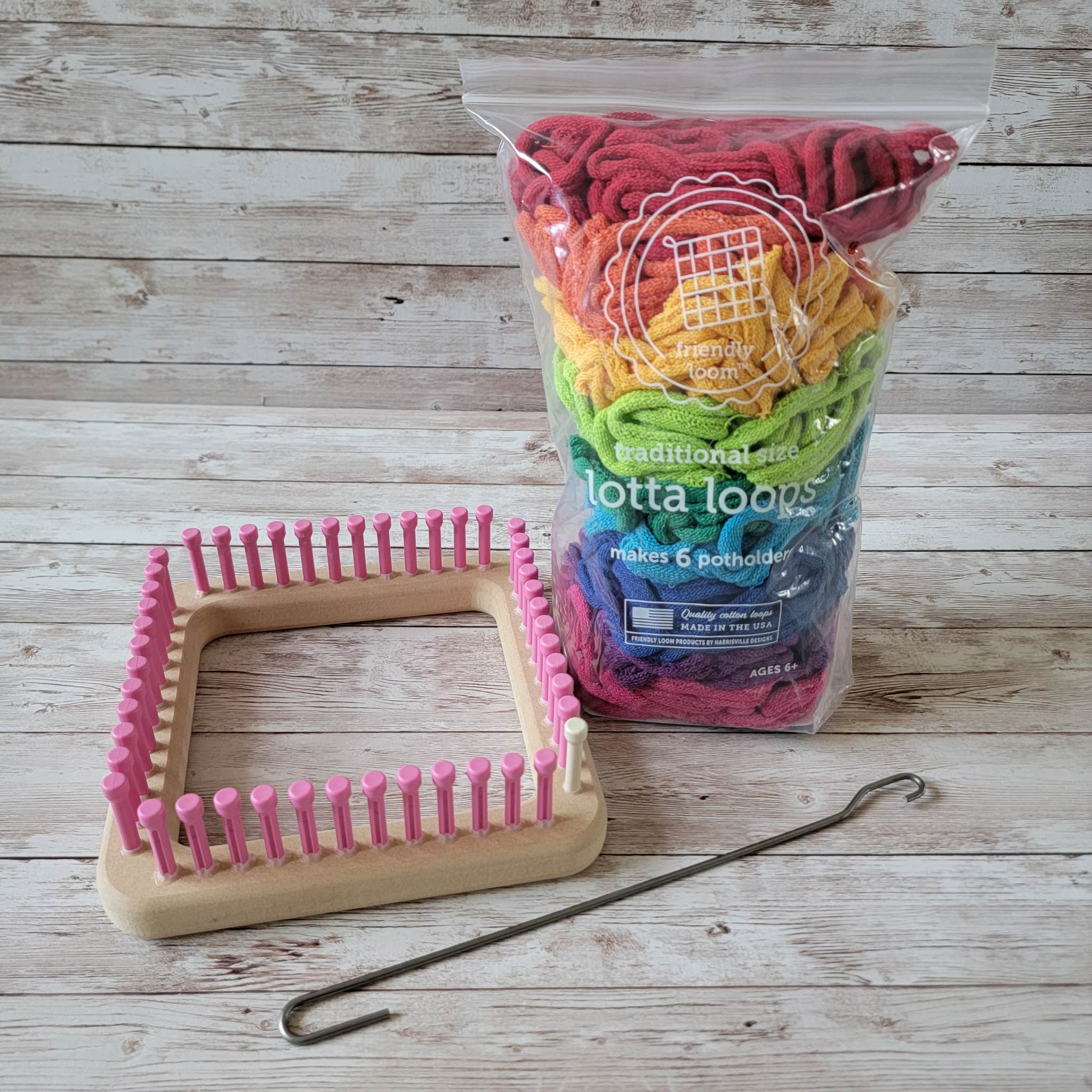 Friendly Loom Lotta Loops Rainbow 7 Traditional Size Cotton Loops Makes 6  (6 x 6') Potholders by Harrisville Designs Made in The USA